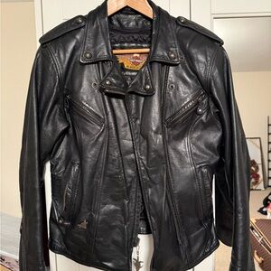Harley-Davidson Black Leather Jacket with Silver Fifty Years Badge Size XS